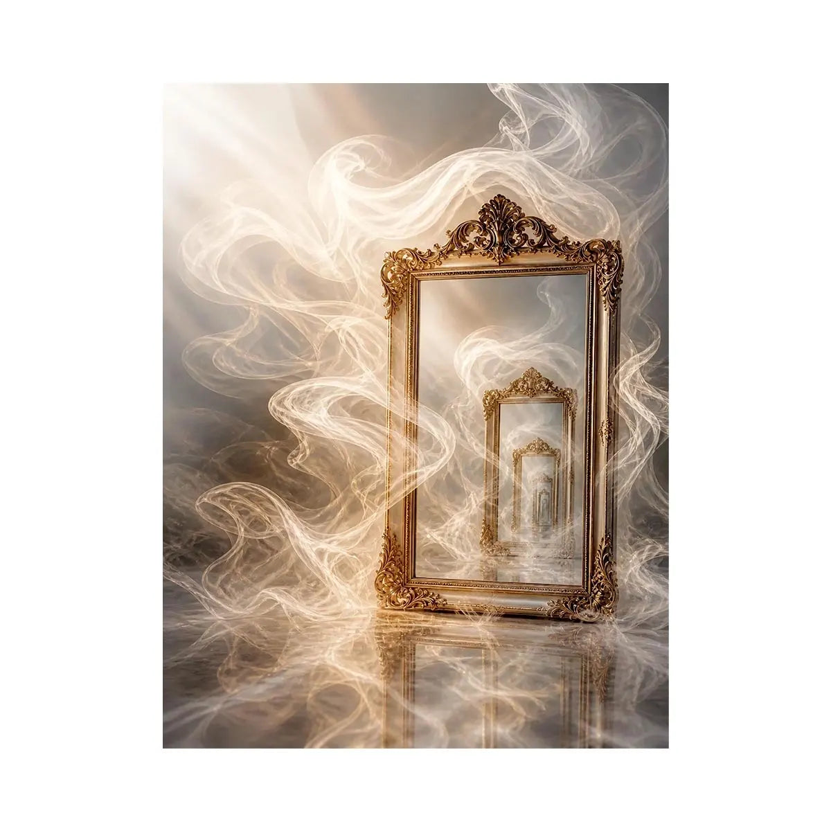 Infinite Reflection Portal Surreal golden mirror wall art with endless reflections, flowing white smoke, and ornate vintage f