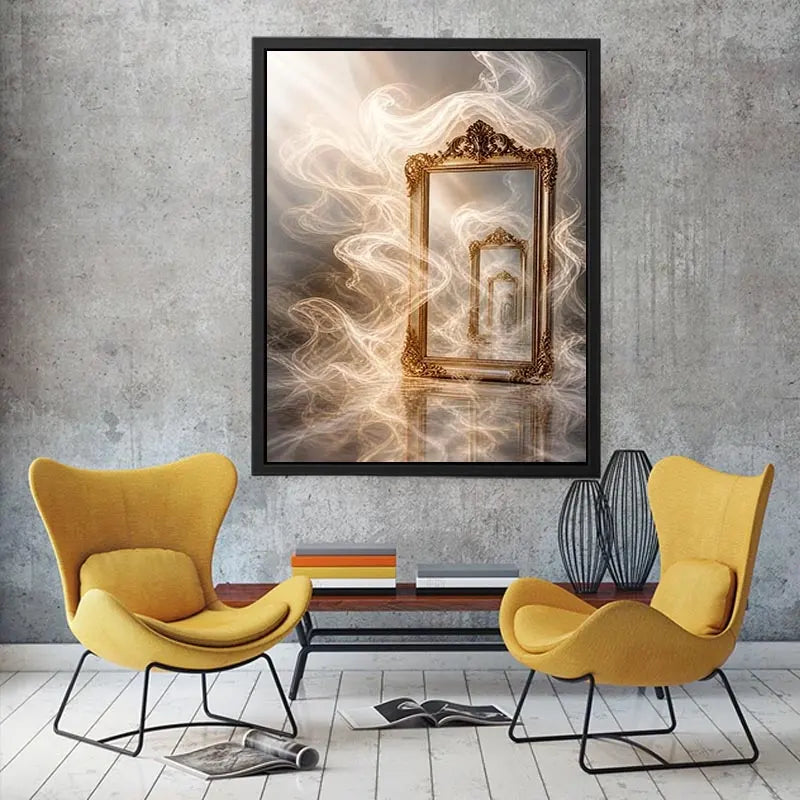 Infinite Reflection Portal Surreal golden mirror wall art with endless reflections, flowing white smoke, and ornate vintage f