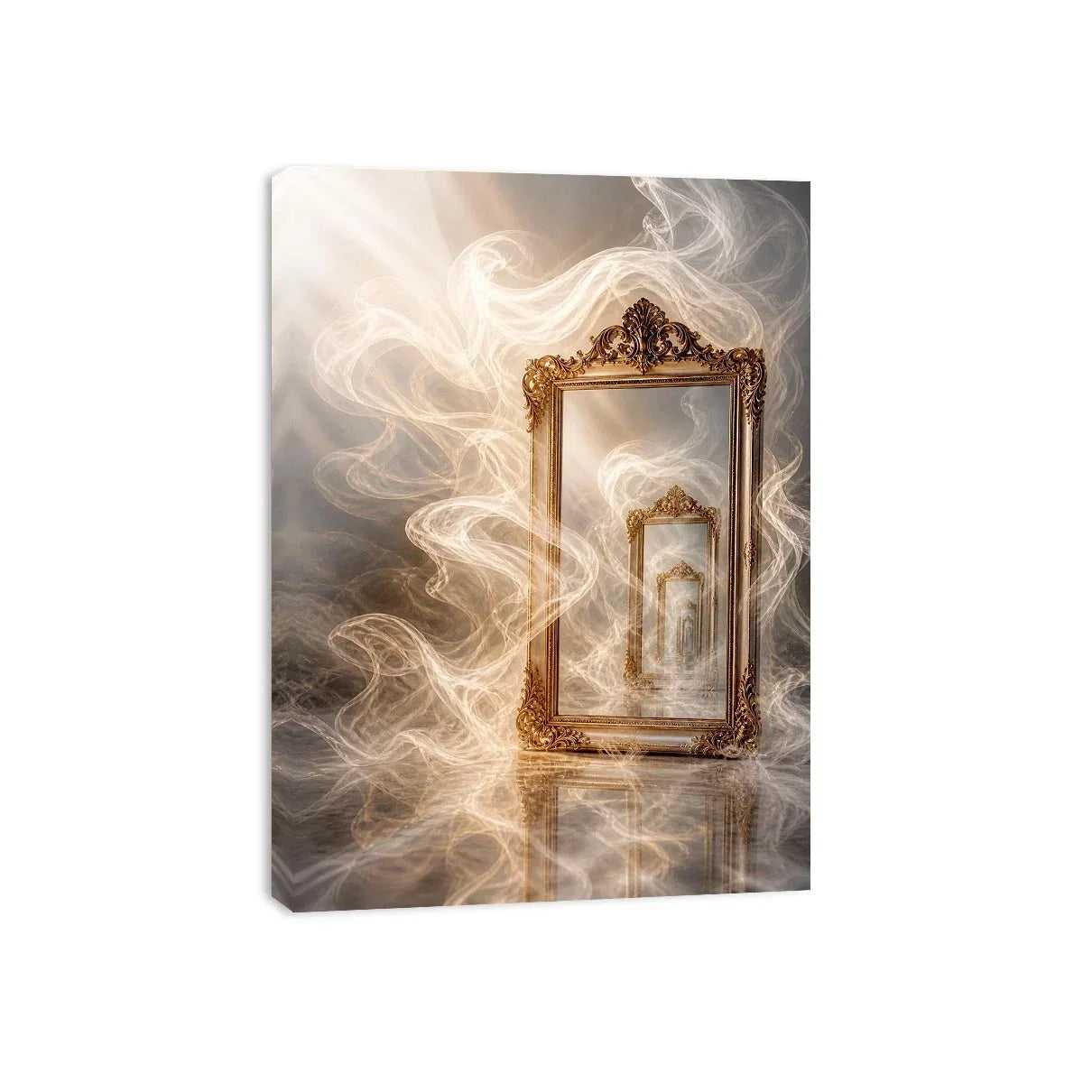 Infinite Reflection Portal Surreal golden mirror wall art with endless reflections, flowing white smoke, and ornate vintage f