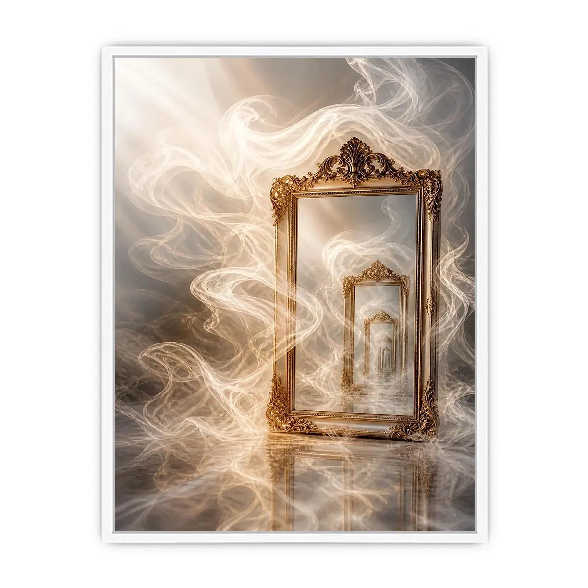 Infinite Reflection Portal Surreal golden mirror wall art with endless reflections, flowing white smoke, and ornate vintage f