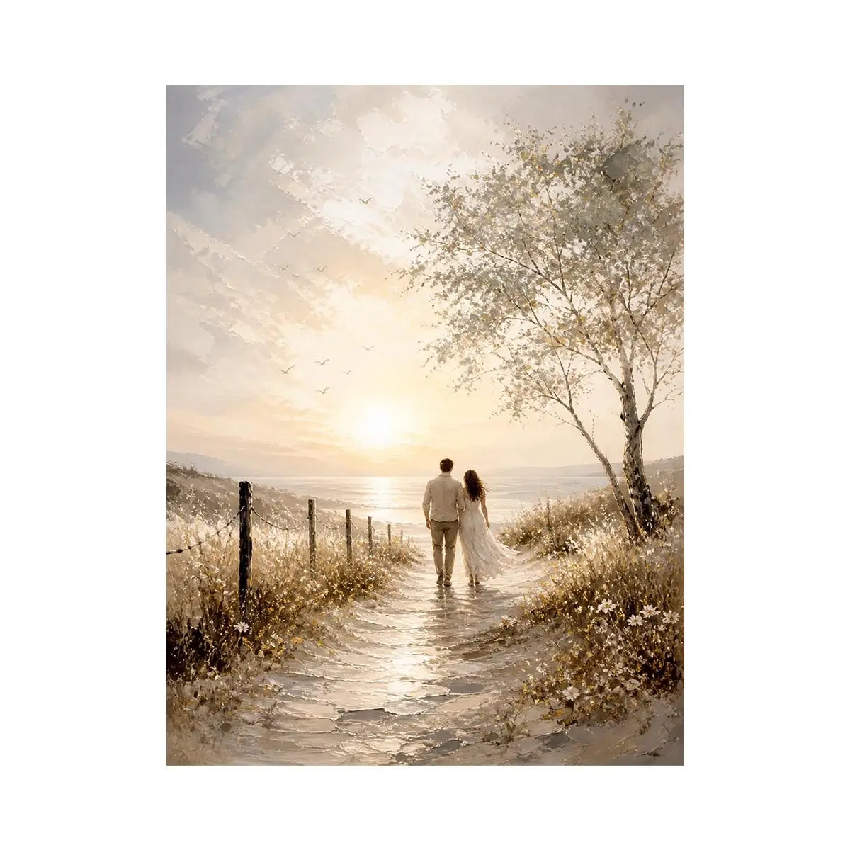 Golden Coastal Love Walk Romantic coastal wall art featuring a couple walking along a sunlit beach path with golden skies, oc