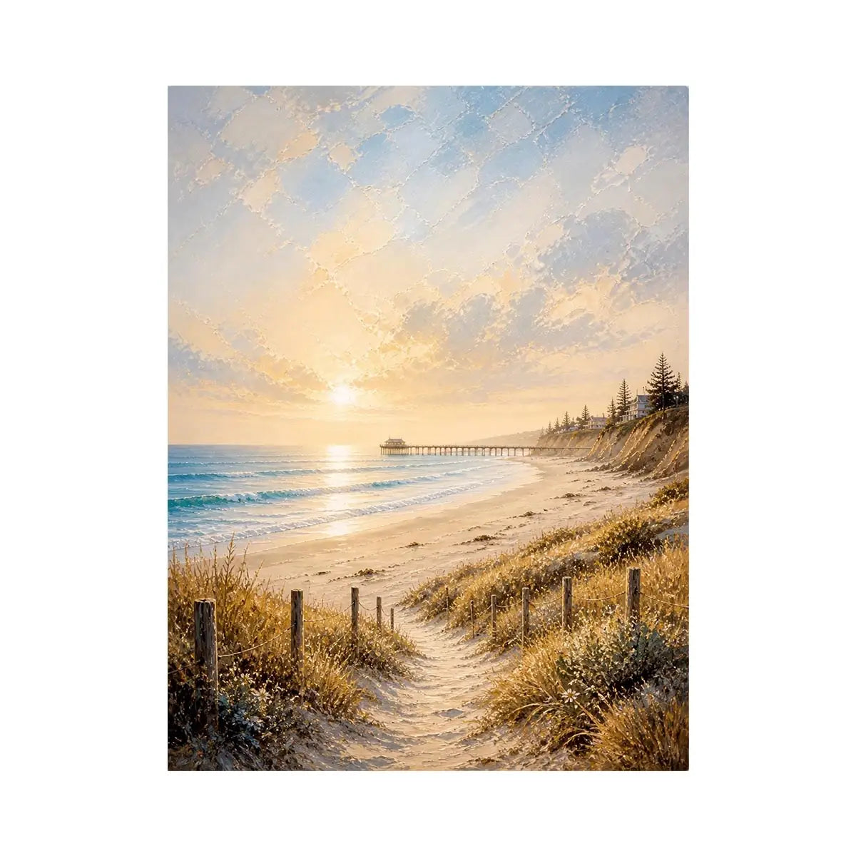 Golden Tide Serenity Coastal beach sunset wall art featuring golden sand dunes, peaceful ocean waves, pastel skies, and a ser