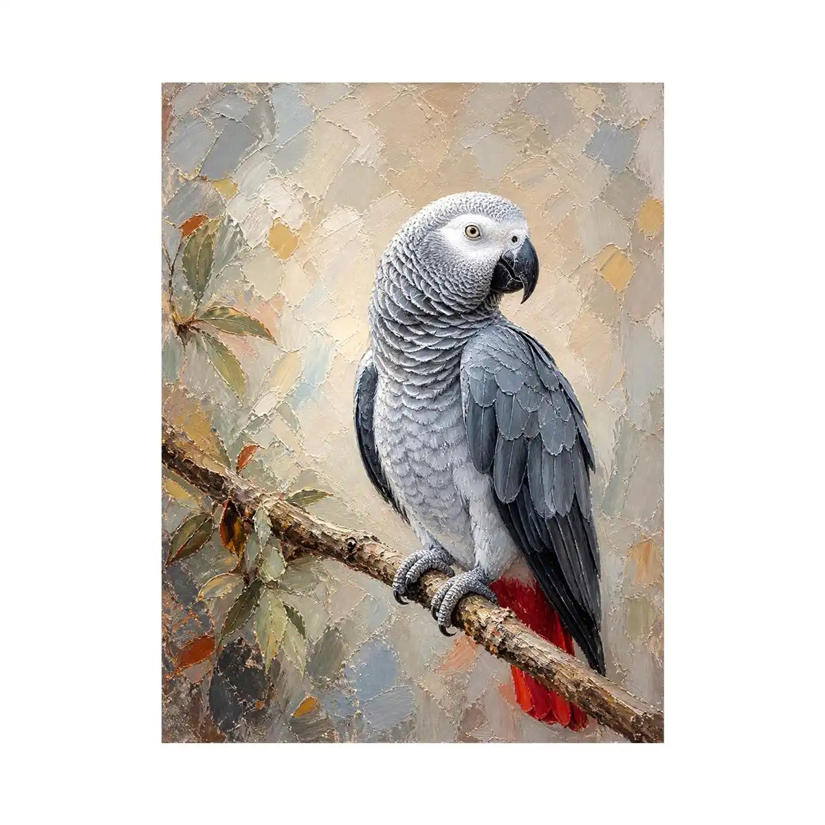 Silver Feather Grace Elegant African Grey parrot wall art featuring detailed silver feathers, textured painterly brushstrokes