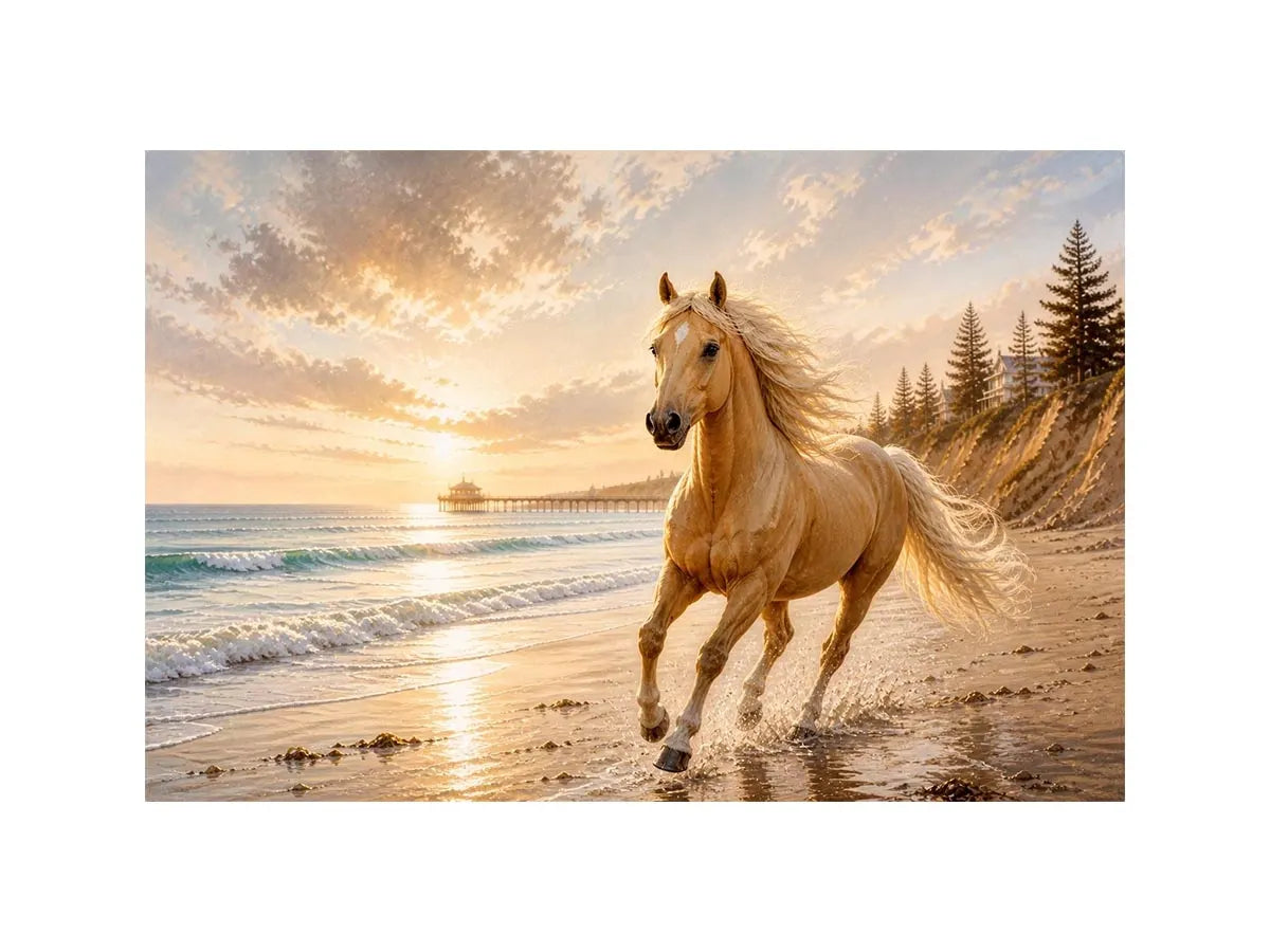 Golden Coastal Gallop Majestic horse beach wall art featuring a golden horse running beside ocean waves at sunset with warm c