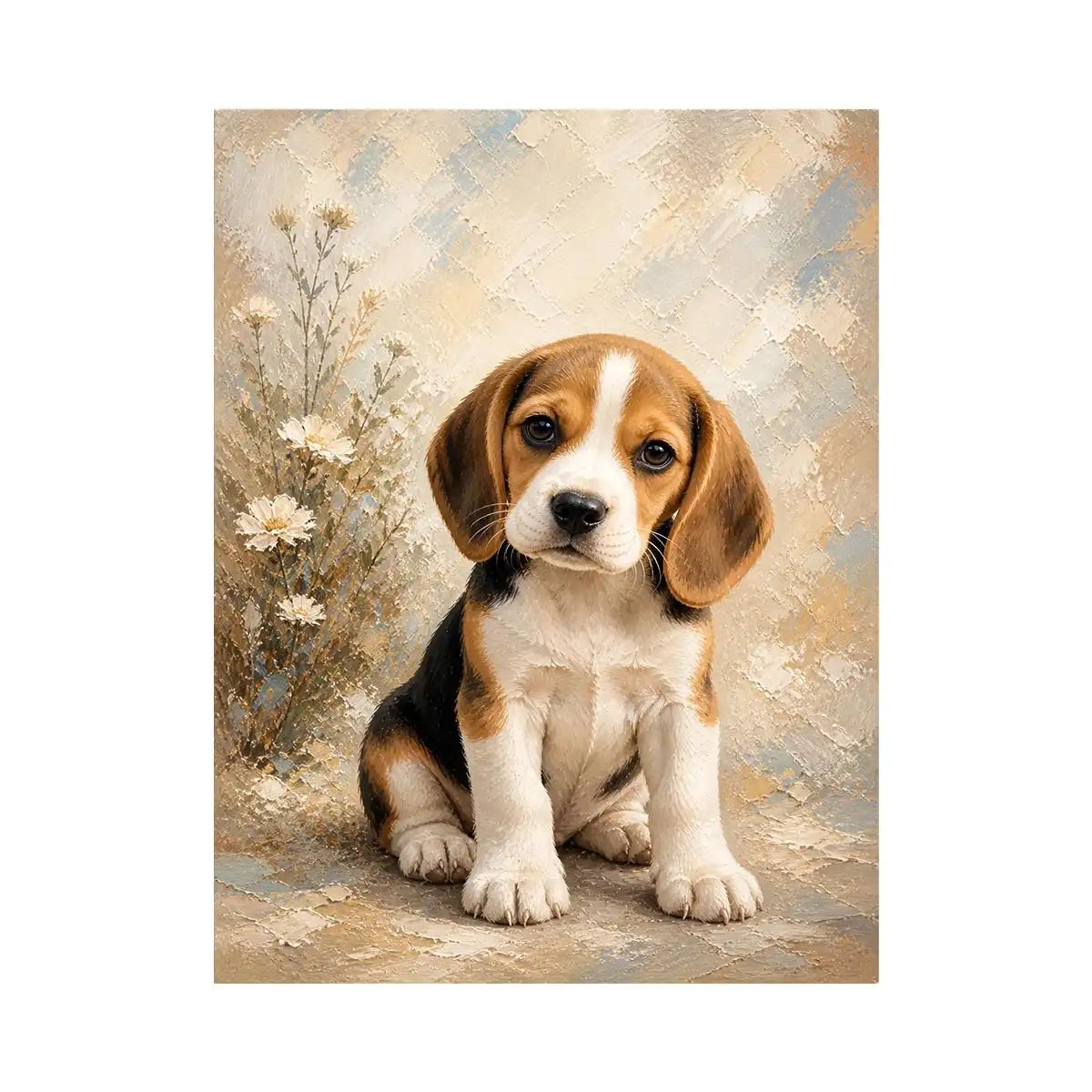 Little Beagle Charm Adorable Beagle puppy wall art featuring soft textured brushstrokes, floral accents, and warm neutral ton