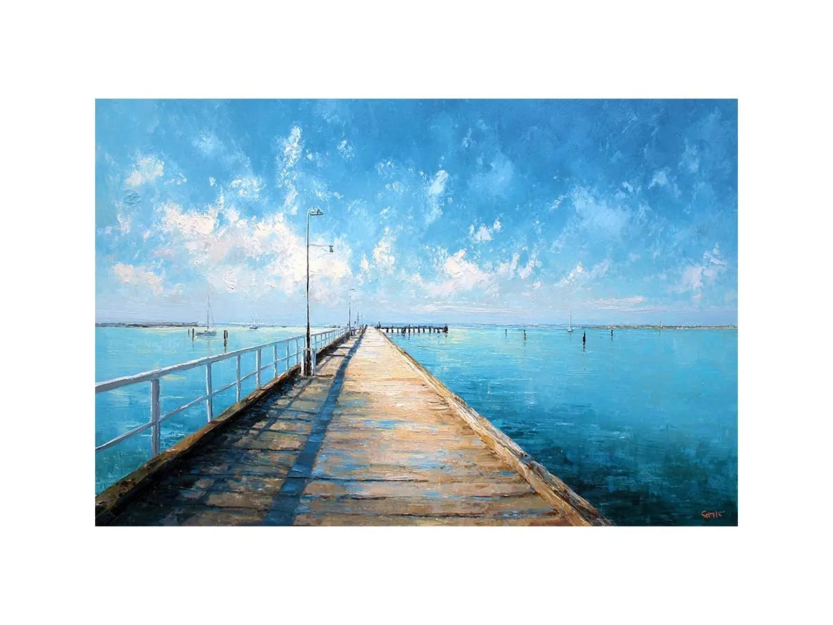Azure Horizon Pier Coastal pier wall art featuring a sunlit boardwalk over calm blue ocean waters with textured impressionist