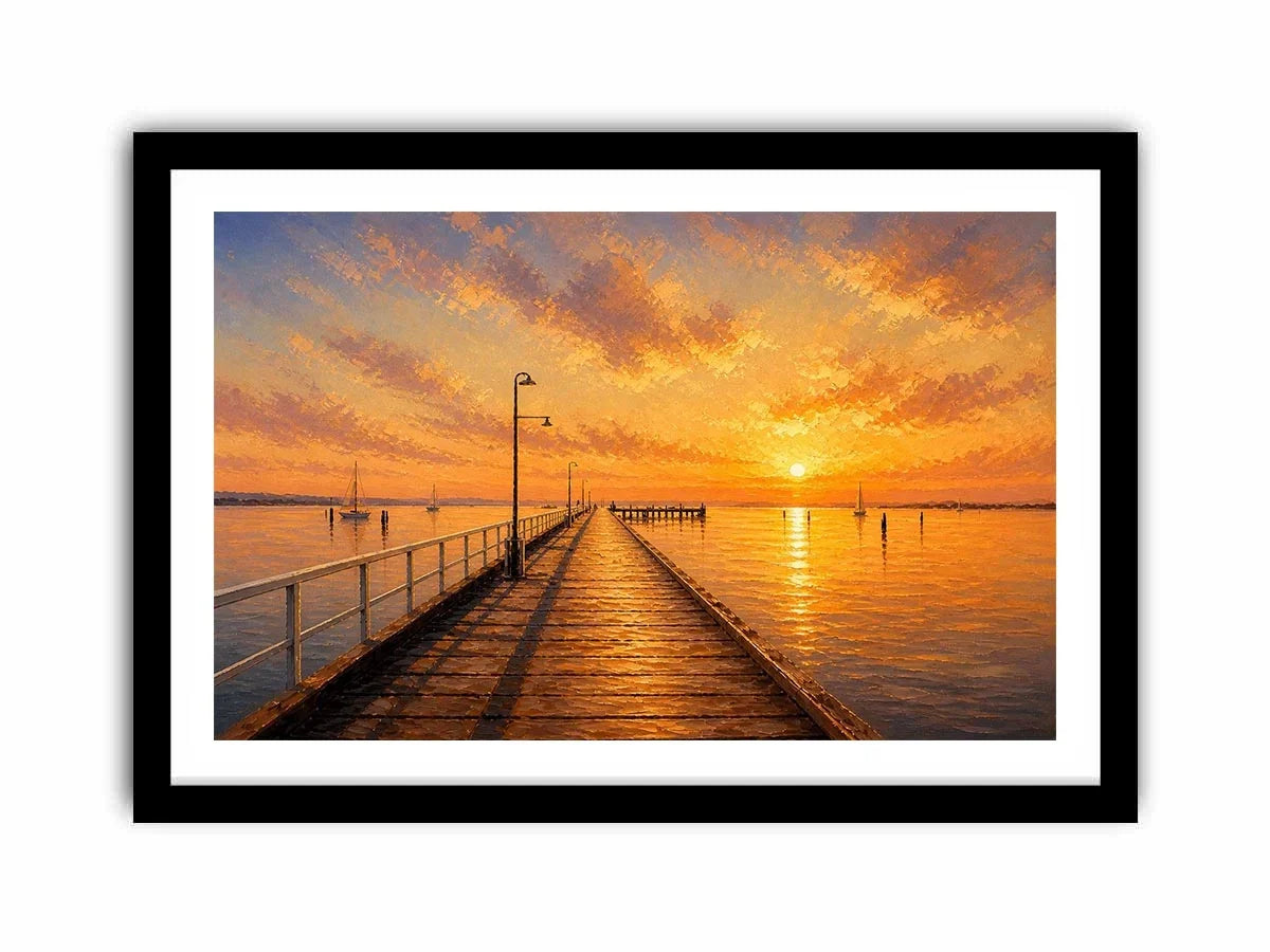 Sunset pier wall art featuring glowing golden skies, reflective ocean waters, and textured impressionist coastal brushwork in warm luxury tones.