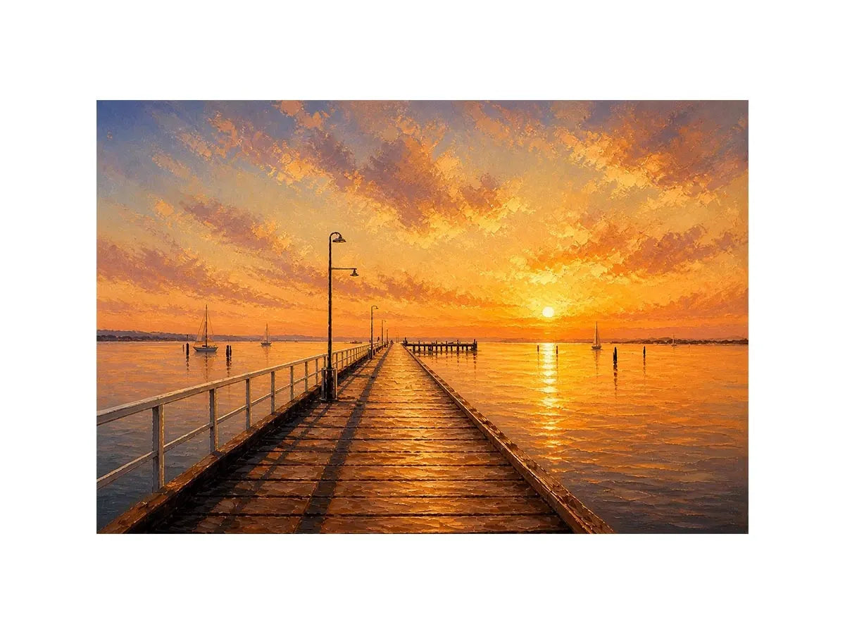 Golden Harbor Glow Sunset pier wall art featuring glowing golden skies, reflective ocean waters, and textured impressionist c