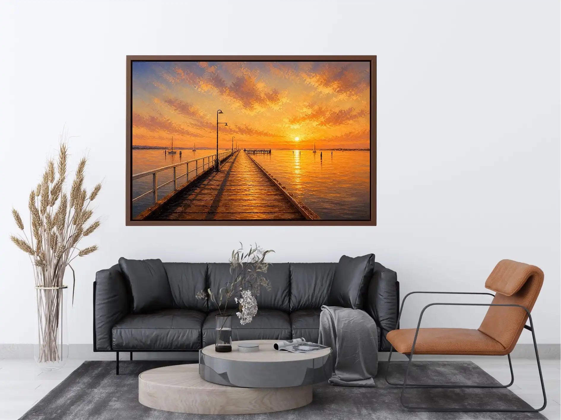 Golden Harbor Glow Sunset pier wall art featuring glowing golden skies, reflective ocean waters, and textured impressionist c