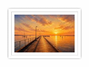 Sunset pier wall art featuring glowing golden skies, reflective ocean waters, and textured impressionist coastal brushwork in warm luxury tones.