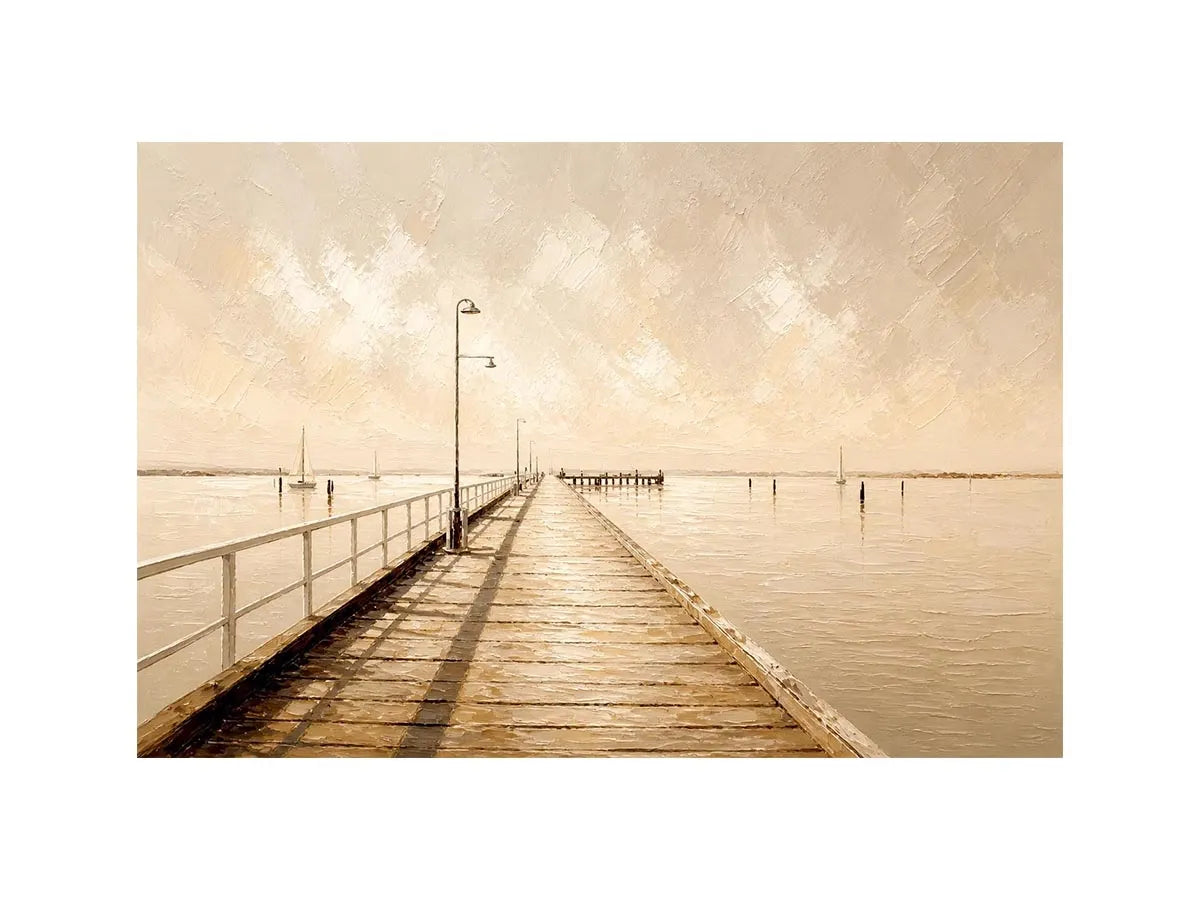 Ivory Horizon Pier Neutral coastal pier wall art featuring a minimalist boardwalk over calm ivory waters with textured impres