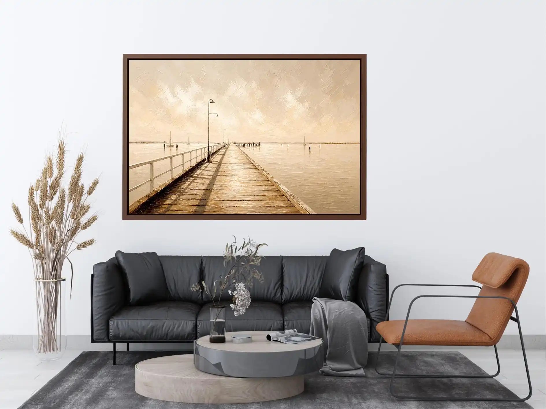 Ivory Horizon Pier Neutral coastal pier wall art featuring a minimalist boardwalk over calm ivory waters with textured impres