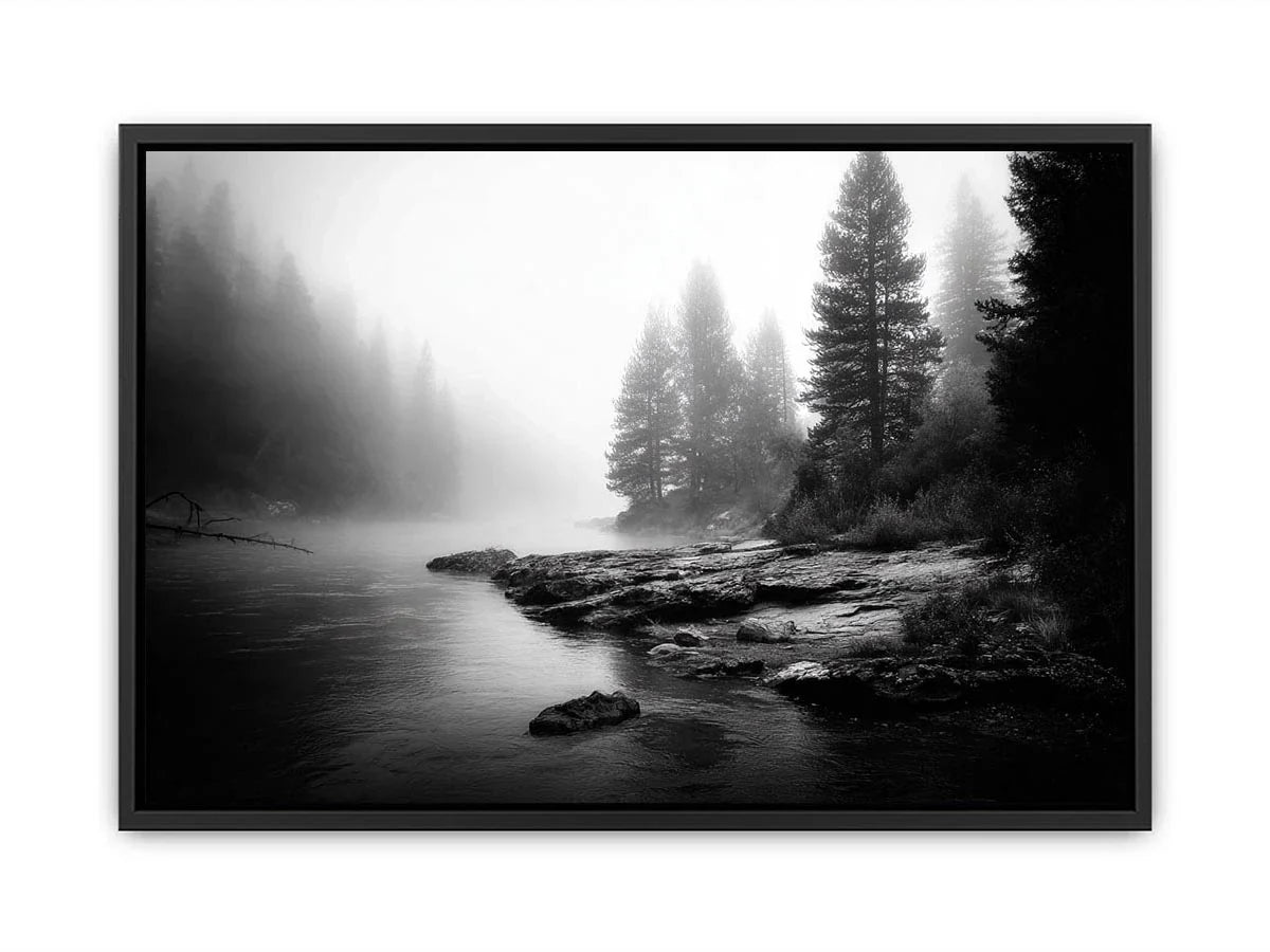 Silent Mist Waters black and white misty forest lake wall art with pine trees and foggy waters minimalist nature landscape ca