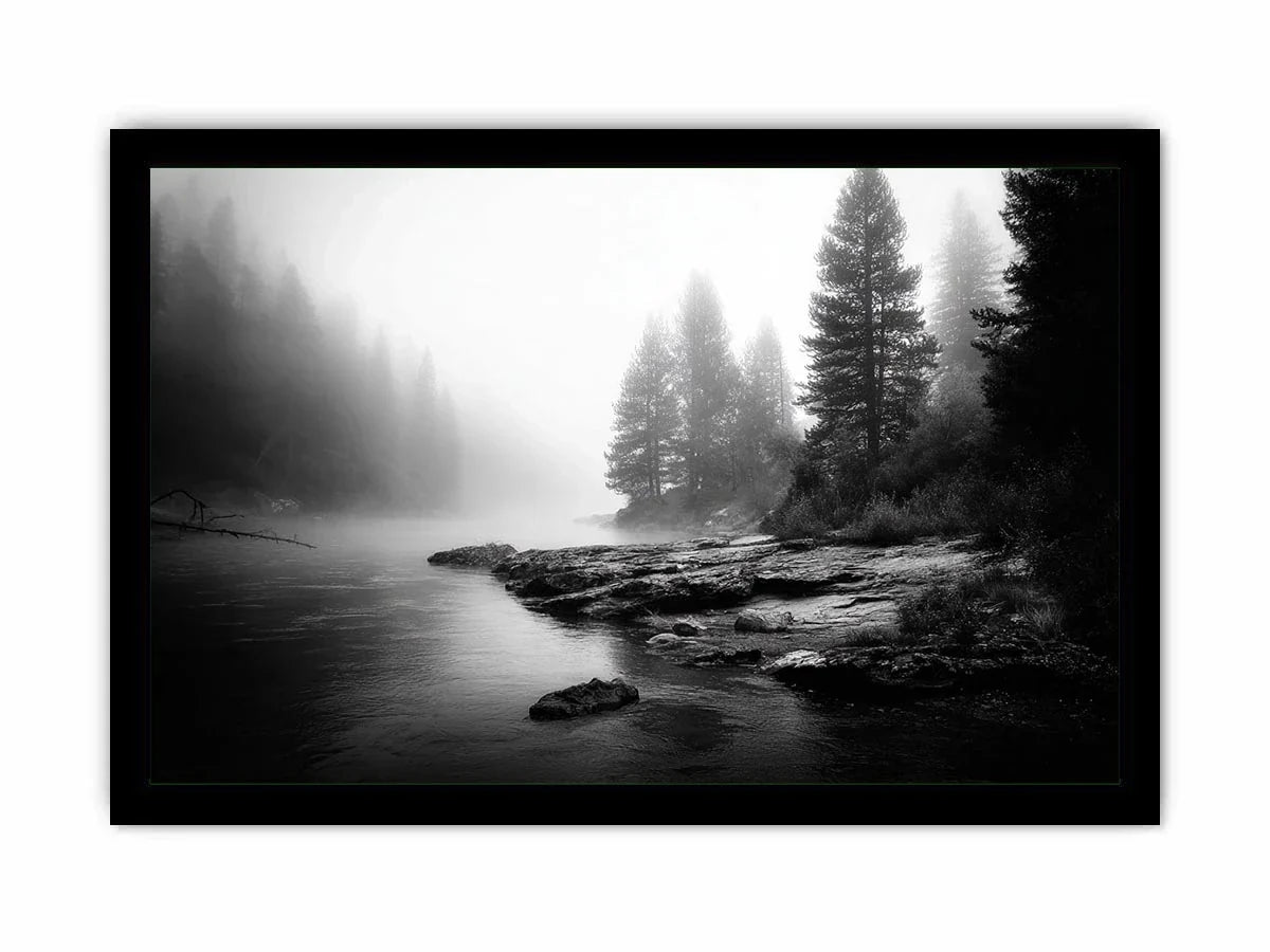 Silent Mist Waters black and white misty forest lake wall art with pine trees and foggy waters minimalist nature landscape ca