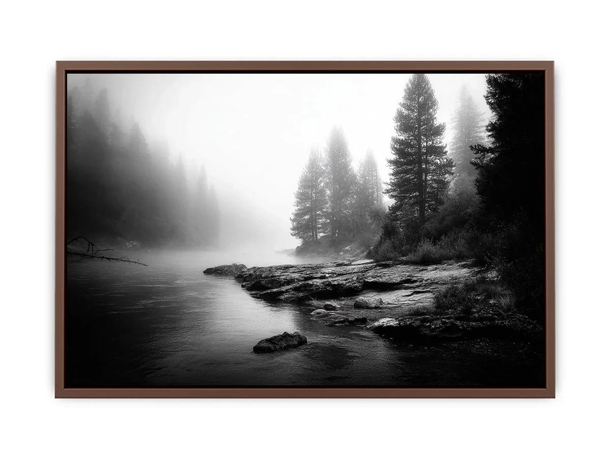 Silent Mist Waters black and white misty forest lake wall art with pine trees and foggy waters minimalist nature landscape ca