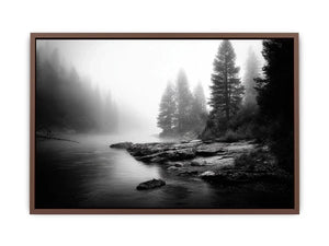 Silent Mist Waters black and white misty forest lake wall art with pine trees and foggy waters minimalist nature landscape ca