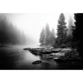 Silent Mist Waters black and white misty forest lake wall art with pine trees and foggy waters minimalist nature landscape ca