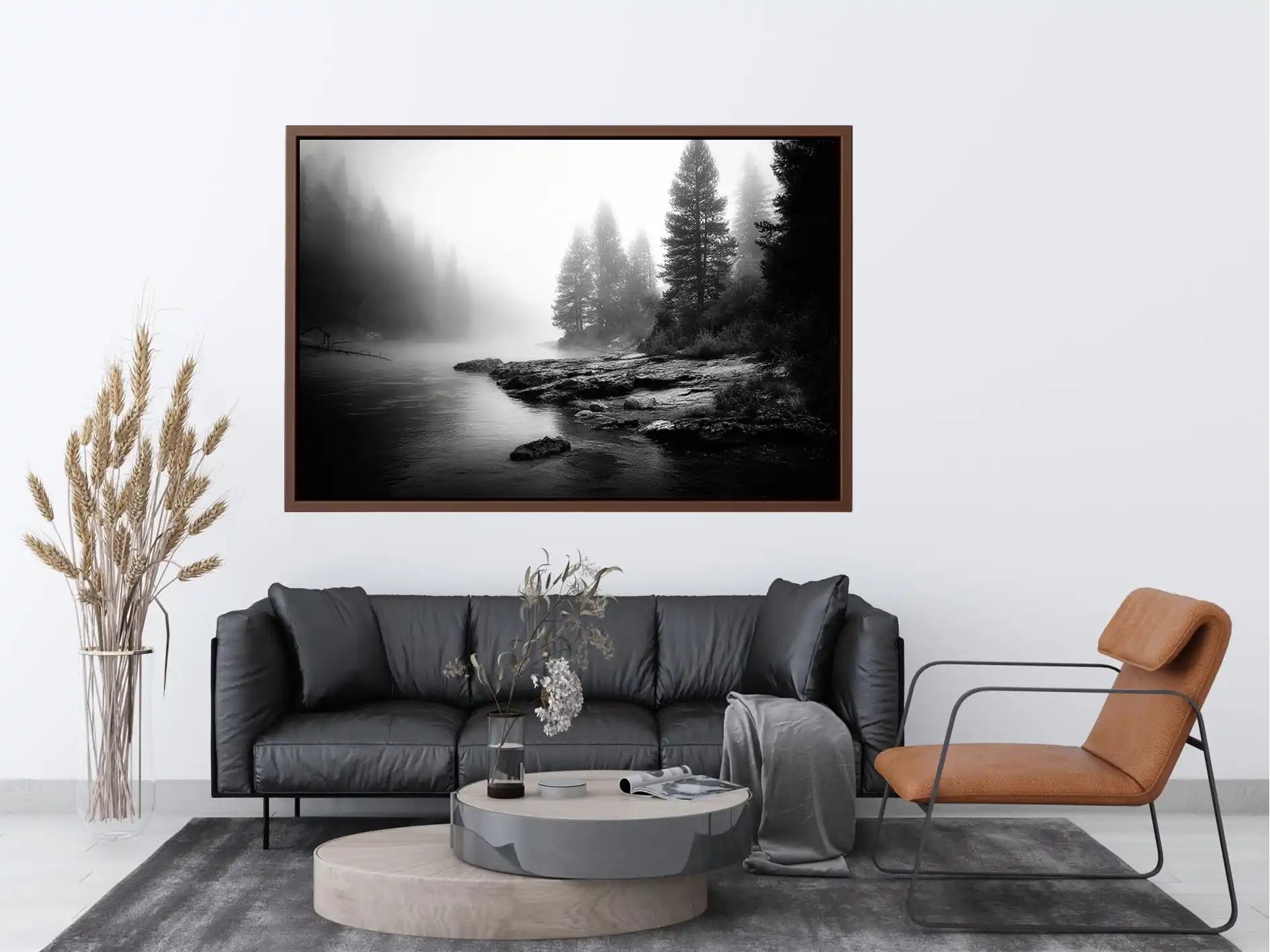 Silent Mist Waters black and white misty forest lake wall art with pine trees and foggy waters minimalist nature landscape ca