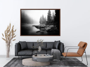 Silent Mist Waters black and white misty forest lake wall art with pine trees and foggy waters minimalist nature landscape ca