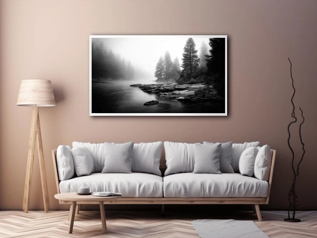 Silent Mist Waters black and white misty forest lake wall art with pine trees and foggy waters minimalist nature landscape ca