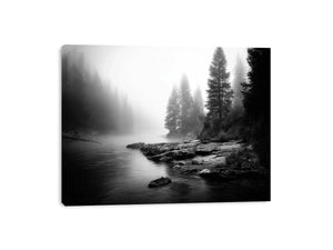Silent Mist Waters black and white misty forest lake wall art with pine trees and foggy waters minimalist nature landscape ca