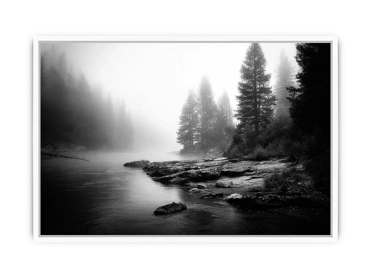 Silent Mist Waters black and white misty forest lake wall art with pine trees and foggy waters minimalist nature landscape ca