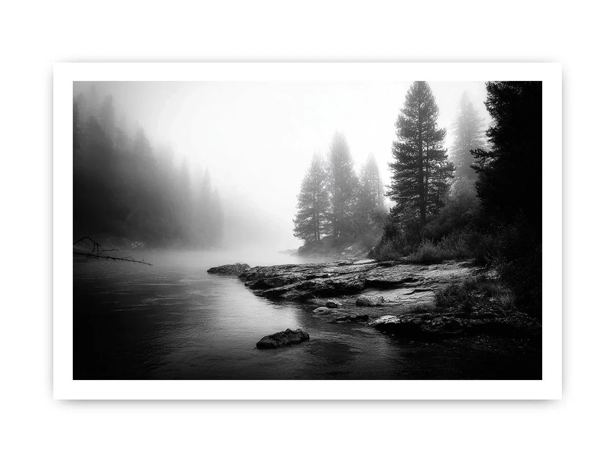 Silent Mist Waters black and white misty forest lake wall art with pine trees and foggy waters minimalist nature landscape ca