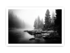 Silent Mist Waters black and white misty forest lake wall art with pine trees and foggy waters minimalist nature landscape ca