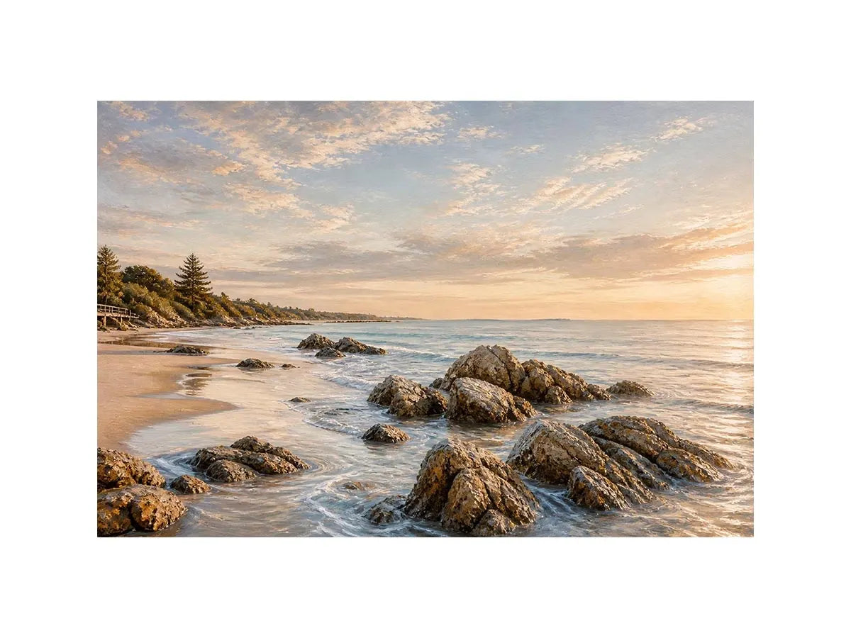 Golden Tide Coast Rocky beach coastal wall art with golden sunset light, textured ocean waves, and serene shoreline landscape