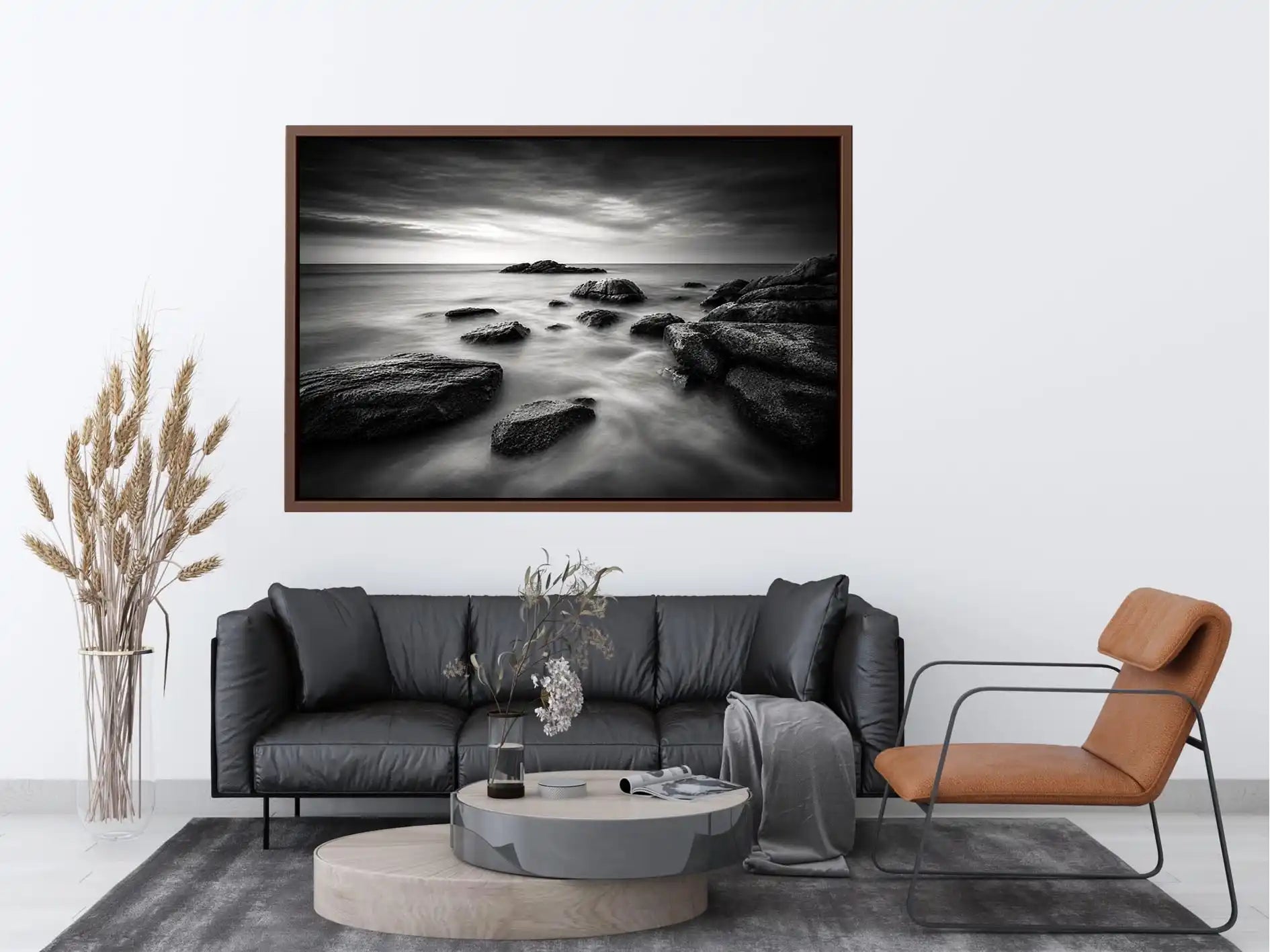 Midnight Tide Black and white ocean wall art with dramatic coastal rocks, misty waves, and moody storm clouds in contemporary