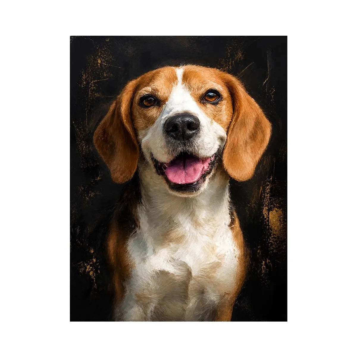 Loyal Golden Beagle Beagle dog portrait wall art with rich painterly texture, warm golden tones, and dramatic dark background
