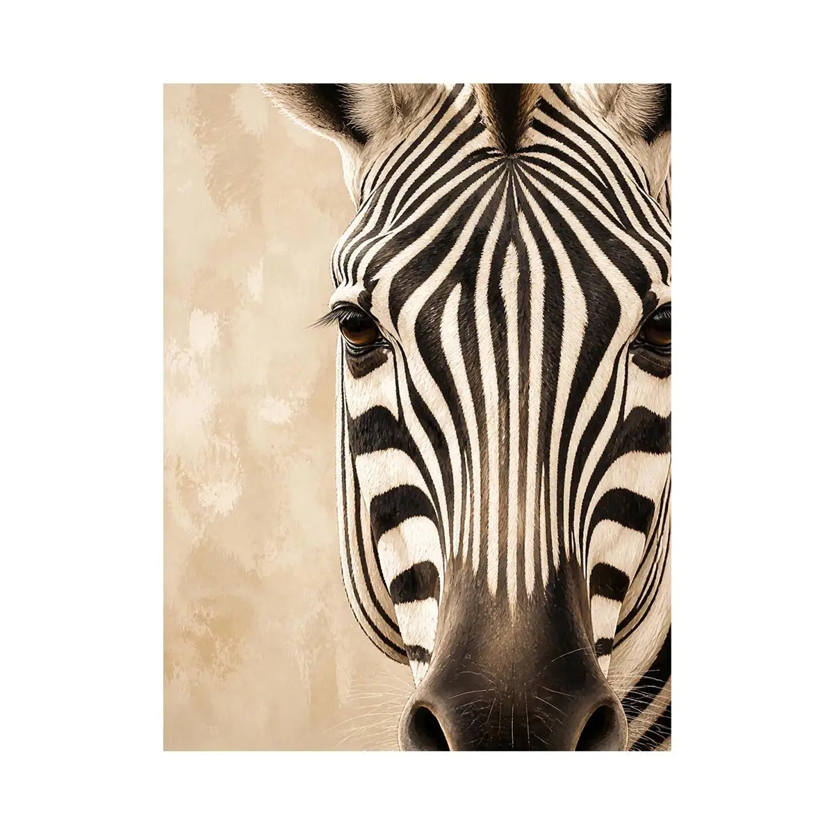 Elegant Zebra Portrait Elegant zebra wall art with dramatic black and ivory stripes, neutral beige tones, and sophisticated c