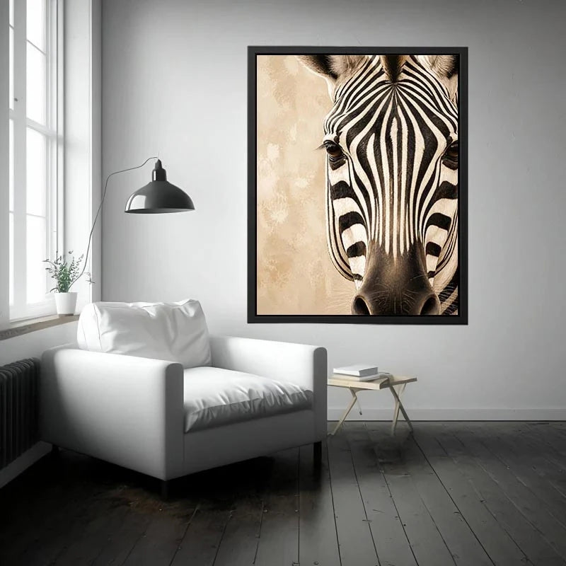 Elegant Zebra Portrait Elegant zebra wall art with dramatic black and ivory stripes, neutral beige tones, and sophisticated c