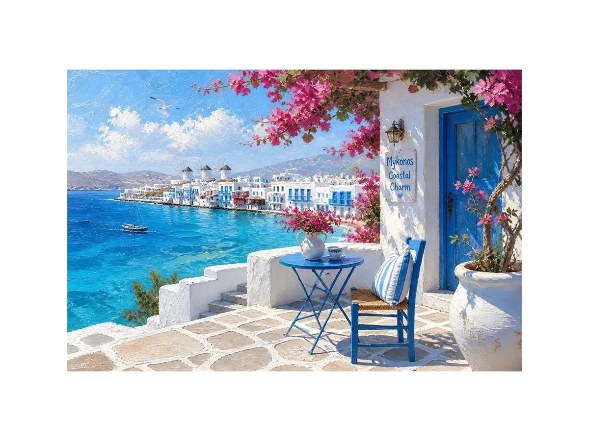Mykonos Coastal Charm Mykonos coastal wall art with white Mediterranean architecture, turquoise ocean views, vibrant bougainv