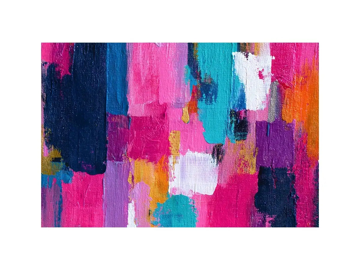Vibrant Abstract Color Burst Vibrant abstract wall art with bold pink, turquoise, navy, lavender, and orange brushstrokes in