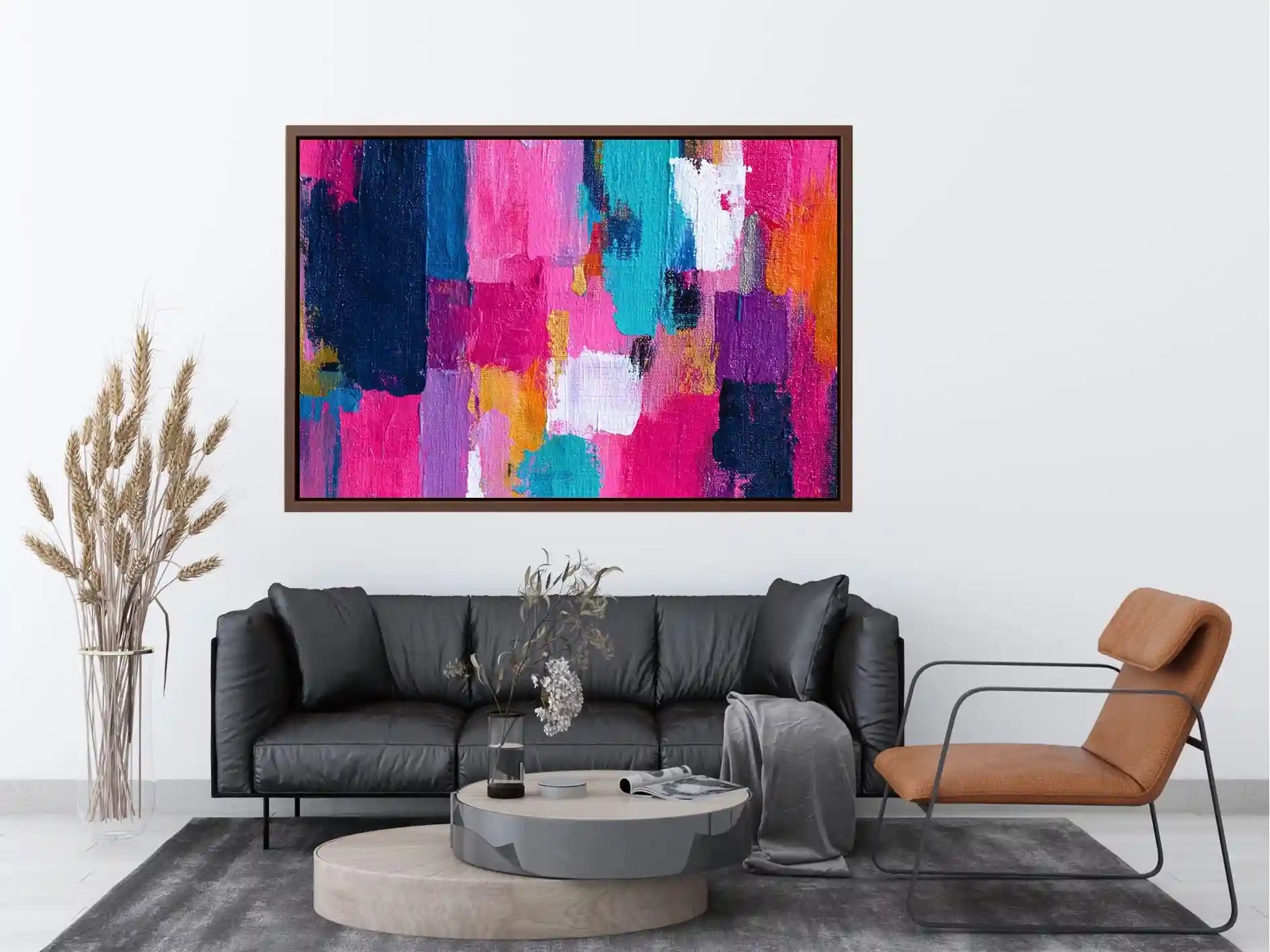 Vibrant Abstract Color Burst Vibrant abstract wall art with bold pink, turquoise, navy, lavender, and orange brushstrokes in