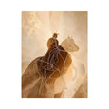 Minimalist equestrian wall art featuring abstract line drawing of a horseback rider in warm neutral beige and contemporary modern style