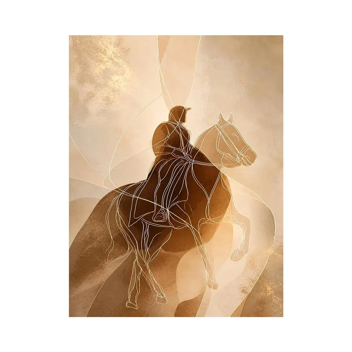 Minimalist equestrian wall art featuring abstract line drawing of a horseback rider in warm neutral beige and contemporary modern style