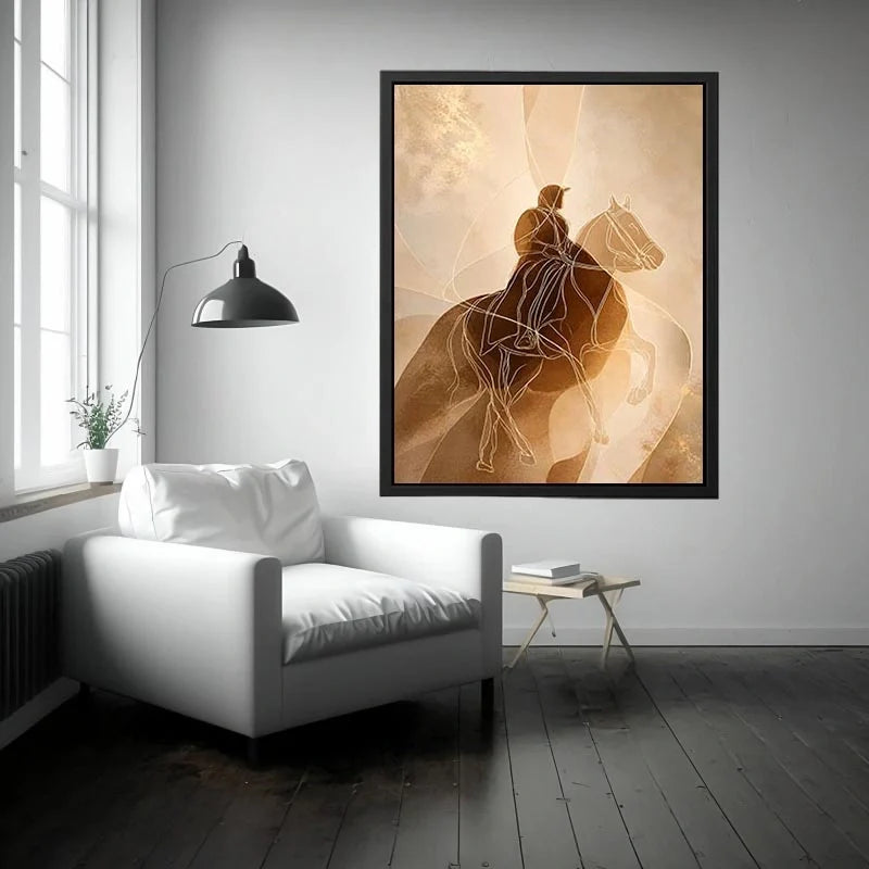 Minimalist Equestrian Line Art Minimalist equestrian wall art featuring abstract line drawing of a horseback rider in warm ne