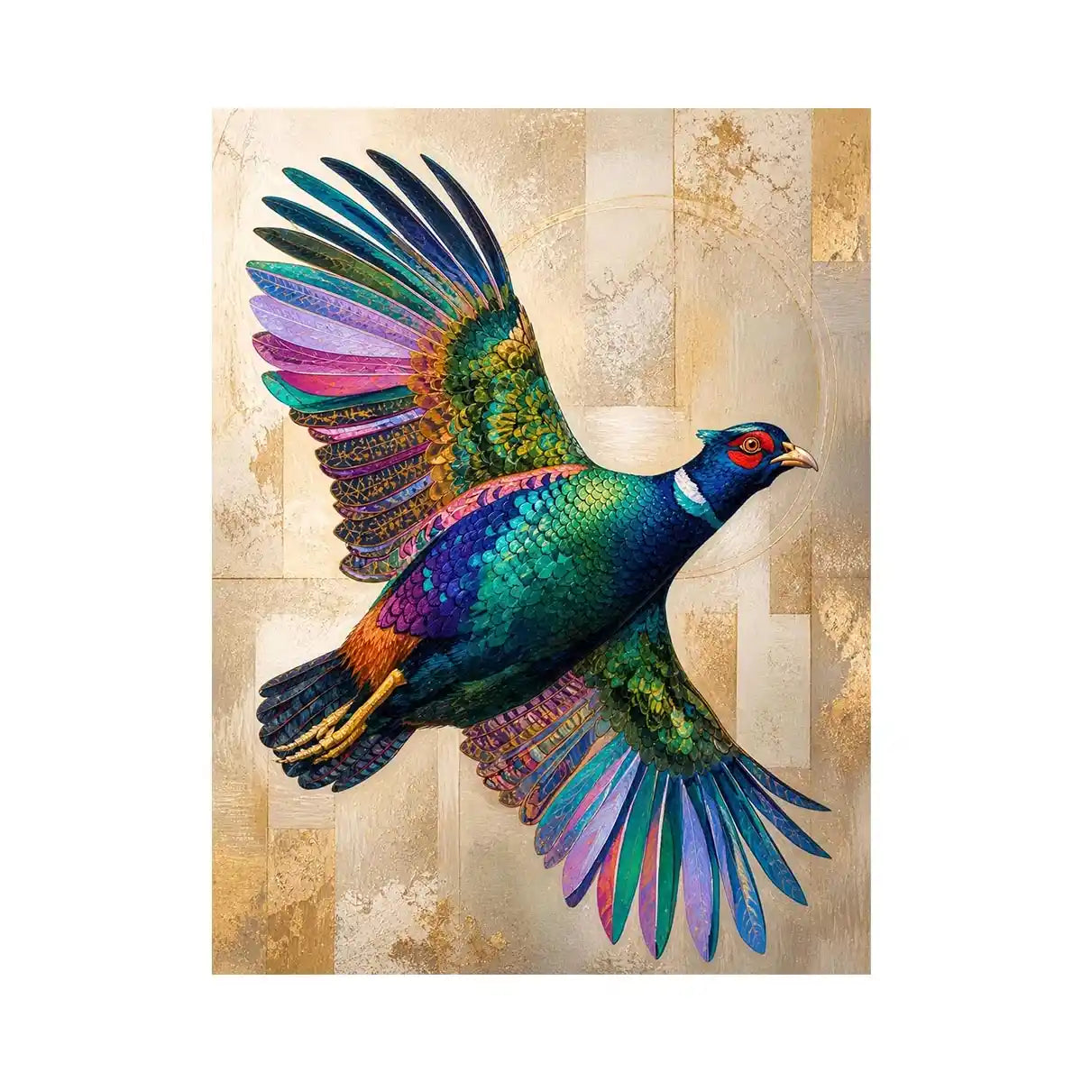 Iridescent Pheasant in Flight Wall Art Colorful pheasant wall art featuring iridescent jewel-toned feathers and contemporary