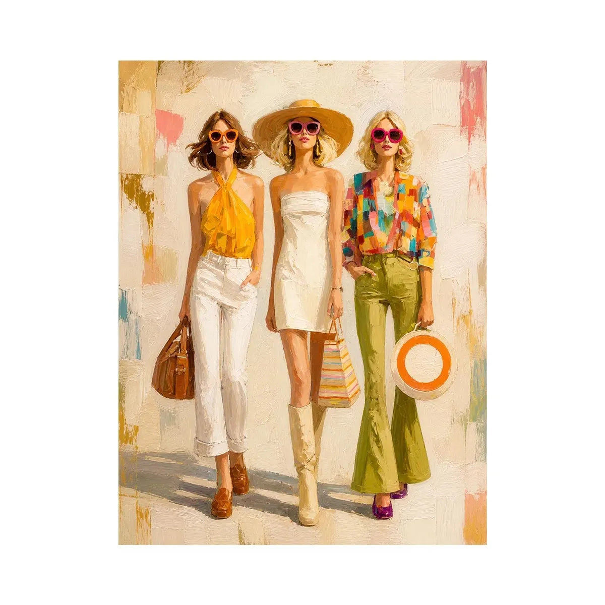 Chic Summer Fashion Icons Wall Art Contemporary fashion wall art featuring stylish women in colorful designer-inspired outfit