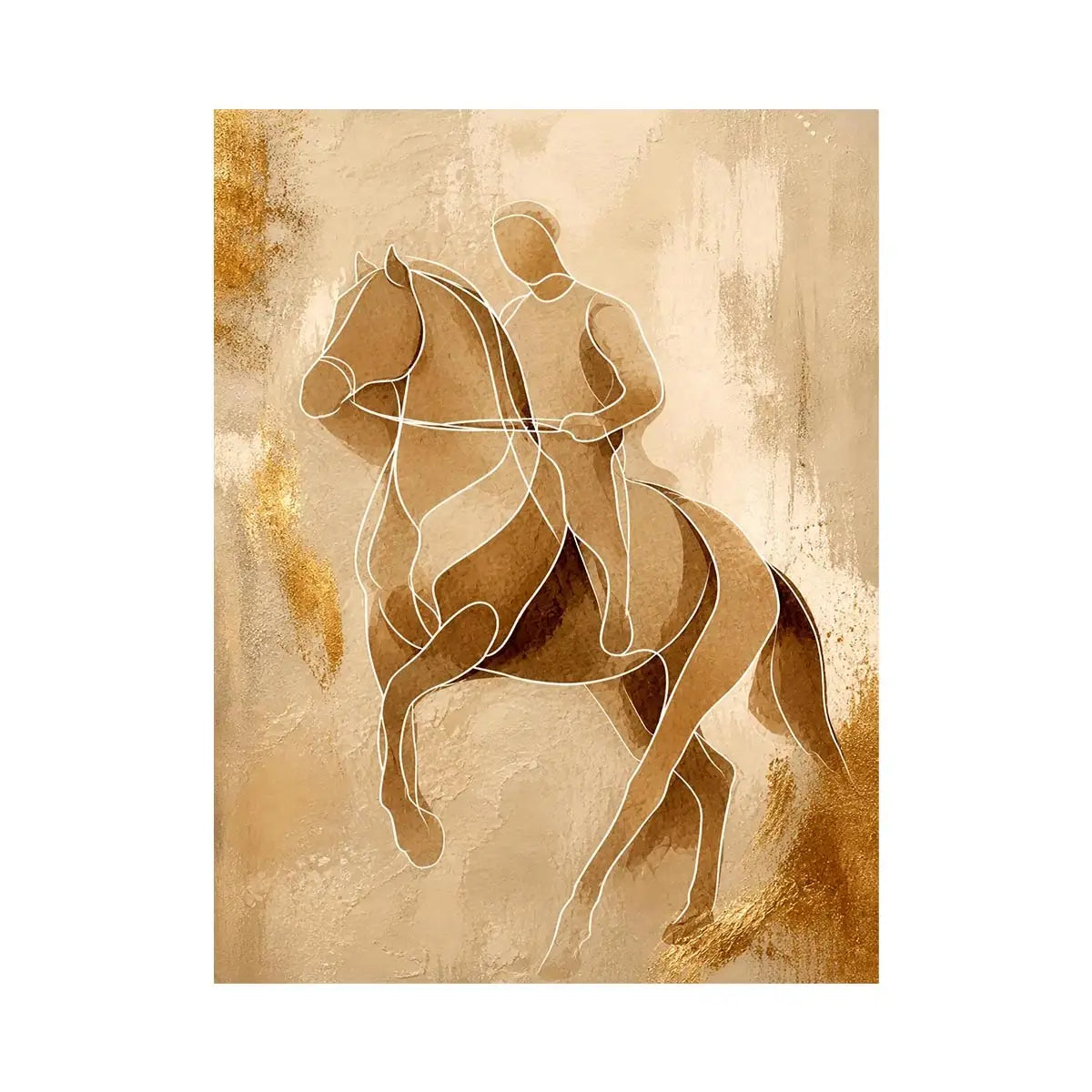 Golden Gallop Essence Minimalist horse rider line art wall art in beige and gold abstract modern luxury canvas print for cont