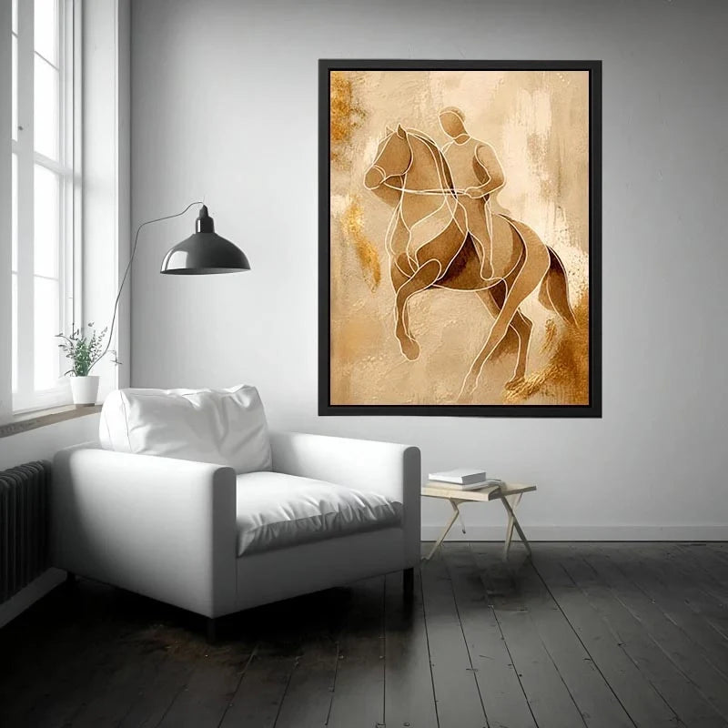 Golden Gallop Essence Minimalist horse rider line art wall art in beige and gold abstract modern luxury canvas print for cont