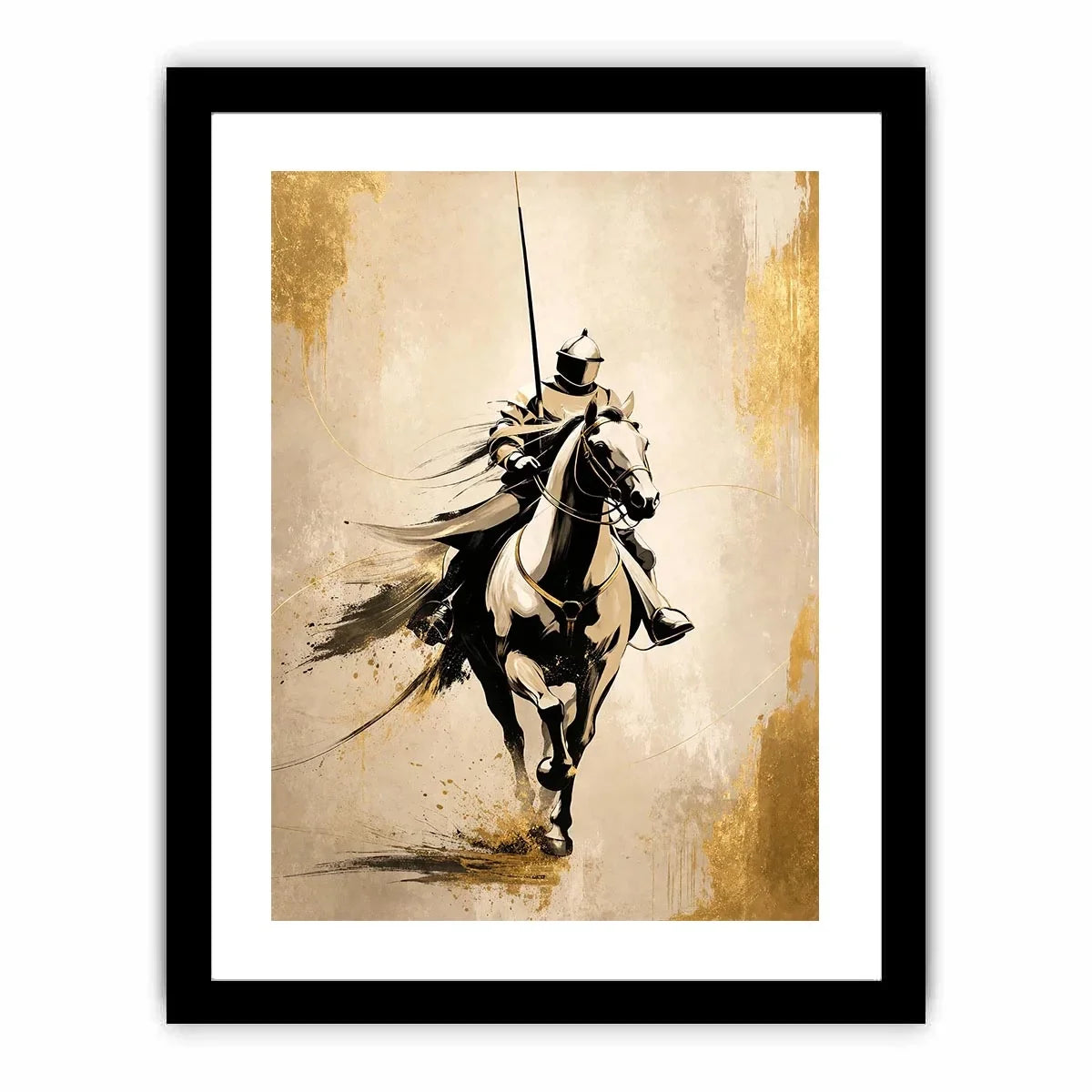 Modern armored horse rider wall art with gold accents and minimalist luxury equestrian canvas design