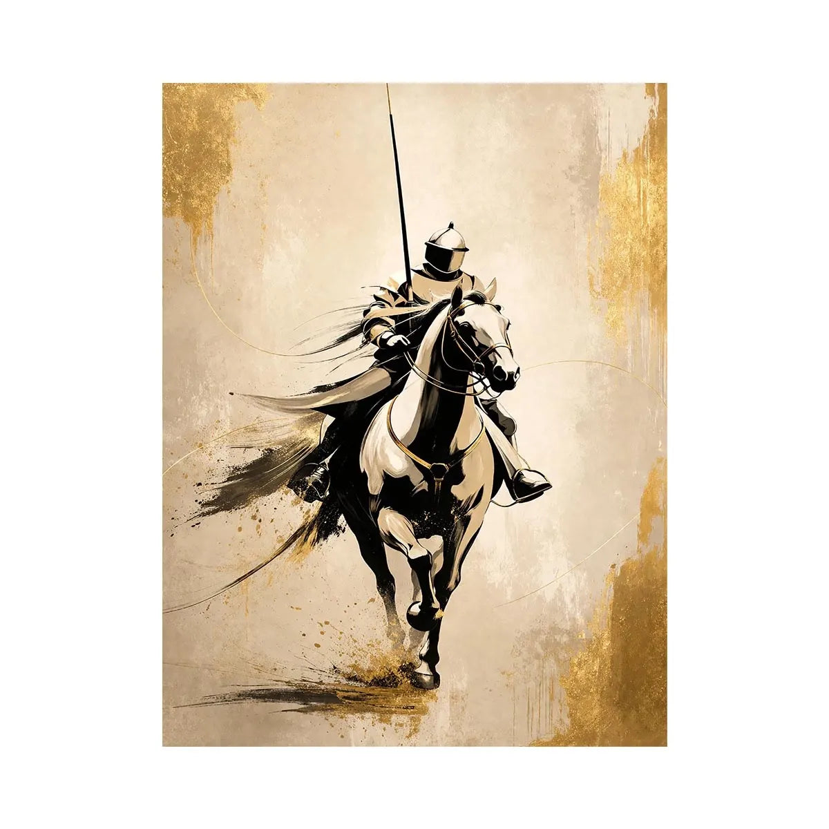Golden Charge Cavalier Modern armored horse rider wall art with gold accents and minimalist luxury equestrian canvas design p