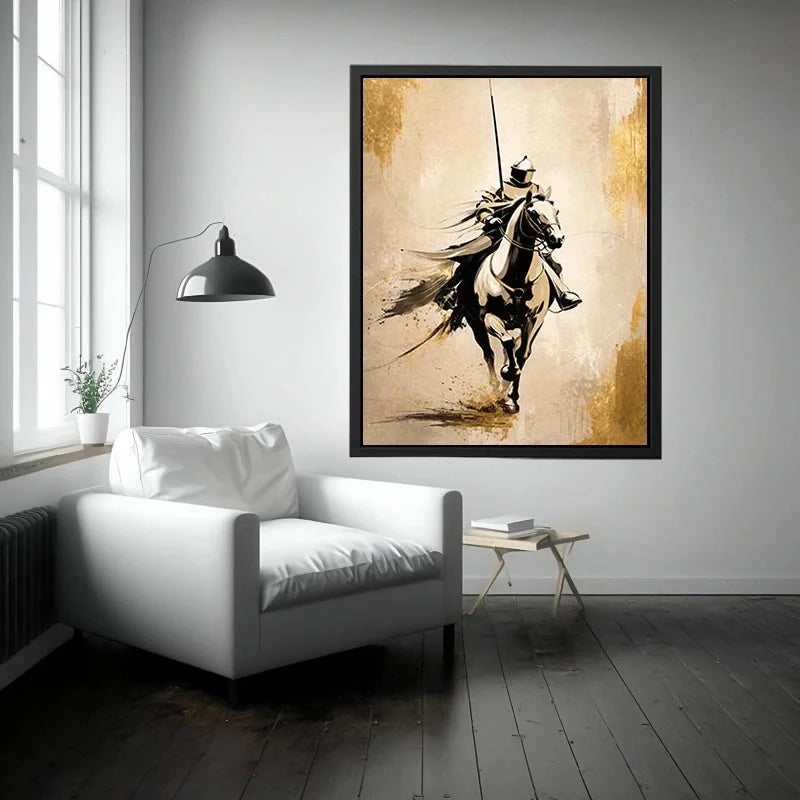 Golden Charge Cavalier Modern armored horse rider wall art with gold accents and minimalist luxury equestrian canvas design p