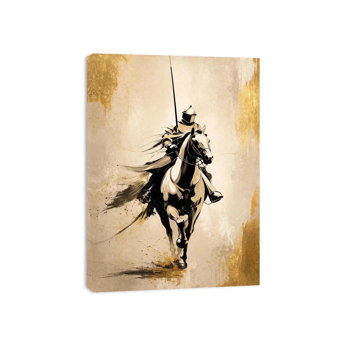 Modern armored horse rider wall art with gold accents and minimalist luxury equestrian canvas design
