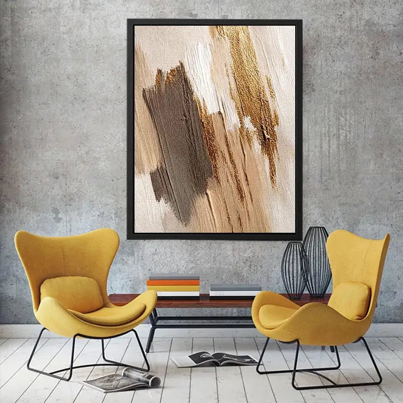  neutral gold abstract canvas bedroom