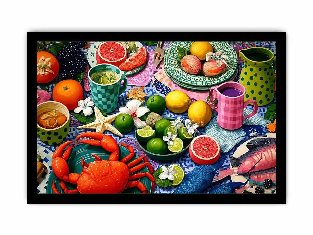   mediterranean seafood feast coastal kitchen wall art