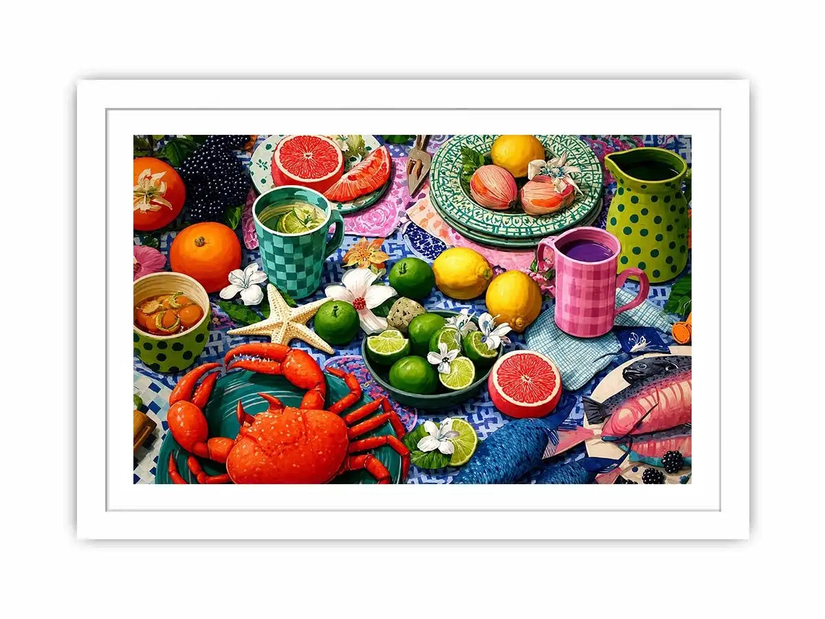   mediterranean seafood feast coastal kitchen wall art